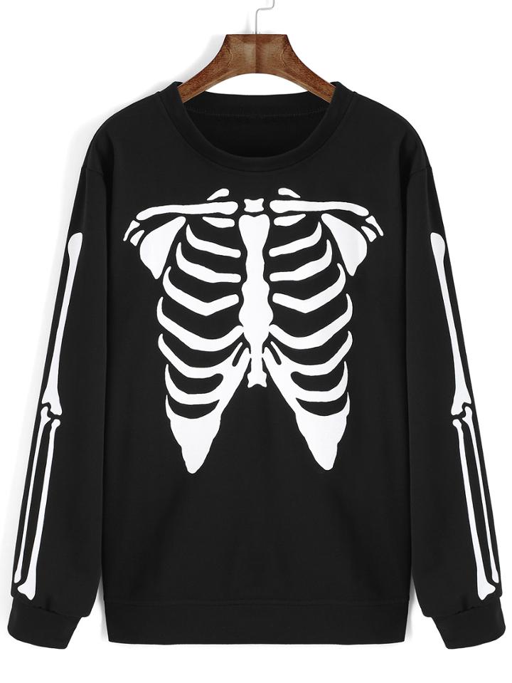 Romwe Skeleton Print Loose Black Sweatshirt