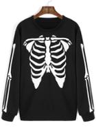 Romwe Skeleton Print Loose Black Sweatshirt