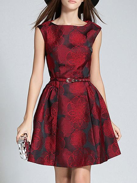 Romwe Red Crew Neck Jacquard A-line Dress