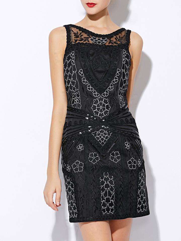 Romwe Black Round Neck Sleeveless Sequined Embroidered Dress