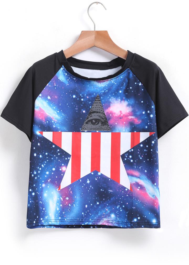 Romwe Contrast Short Sleeve Galaxy Print Blue T-shirt
