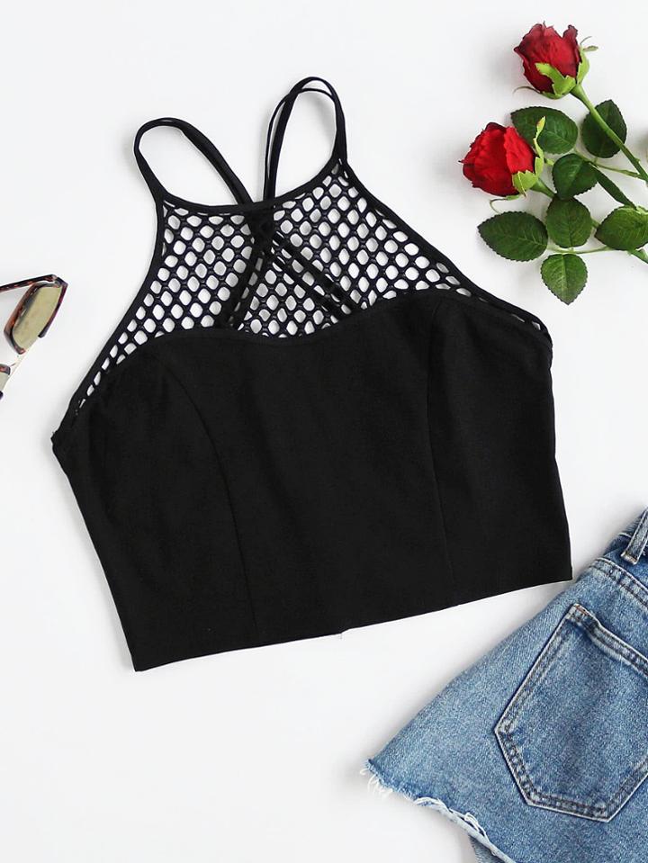 Romwe Fishnet Insert Criss Cross Back Double Strappy Top