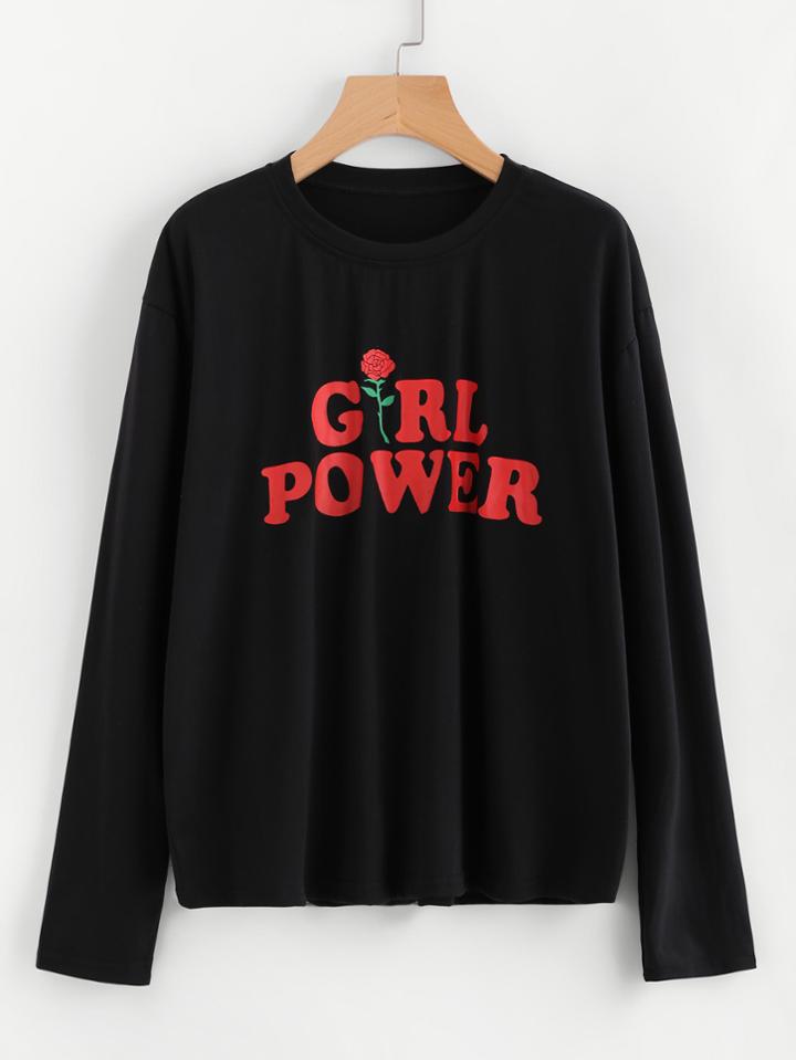 Romwe Rose And Letter Print T-shirt