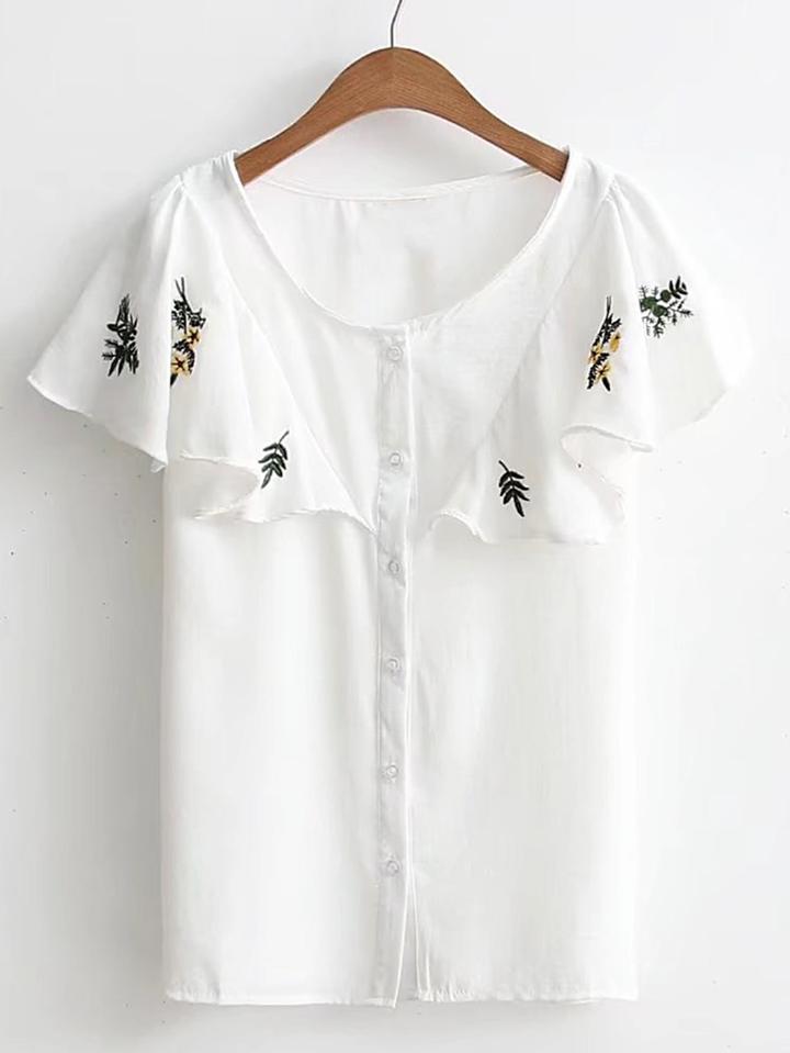 Romwe Ruffle Sleeve Single Breasted Embroidery Blouse