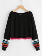 Romwe Colorful Pom Pom Lace Trim Pullover