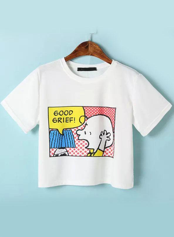 Romwe White Short Sleeve Cartoon Print Crop T-shirt