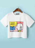 Romwe White Short Sleeve Cartoon Print Crop T-shirt