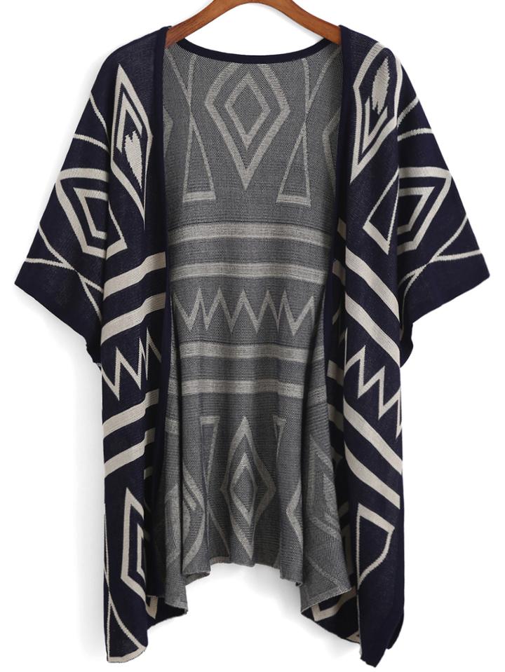 Romwe Half Sleeve Geometric Print Knit Navy Cardigan