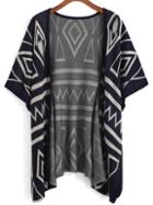 Romwe Half Sleeve Geometric Print Knit Navy Cardigan