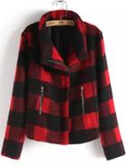 Romwe Zipper Plaid Red And Black Crop Coat