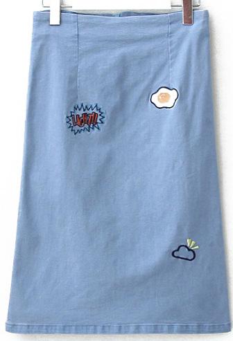 Romwe Back Zipper Embroidered Denim Skirt