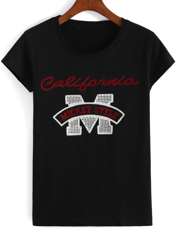 Romwe Letter Flocked Black T-shirt