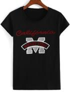 Romwe Letter Flocked Black T-shirt