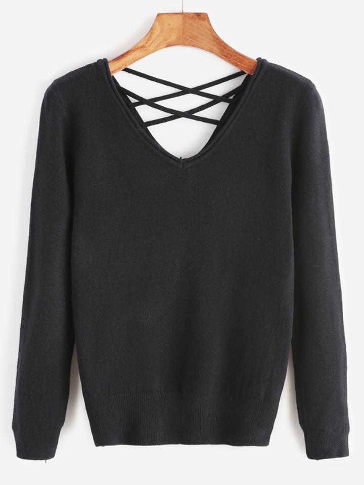 Romwe Black Double V Neck Crisscross Back Sweater