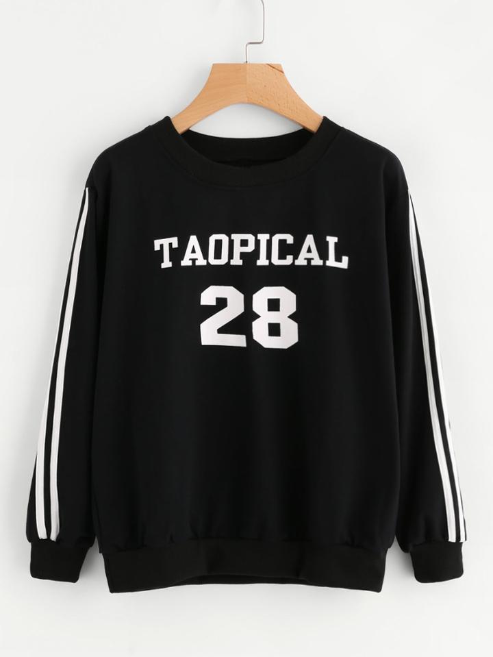 Romwe Number Print Striped Sleeve Sweatshirt