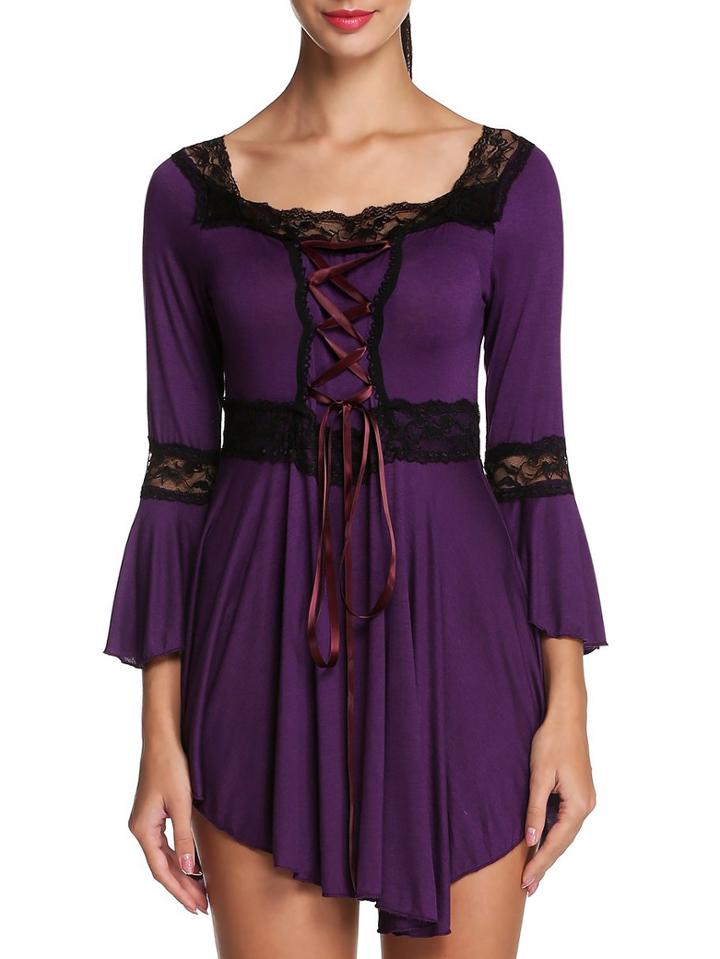 Romwe Square Neck Bell Sleeve Lace Insert Purple Blouse