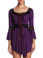 Romwe Square Neck Bell Sleeve Lace Insert Purple Blouse