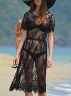 Romwe Black Short Sleeve Lace Beach Dress
