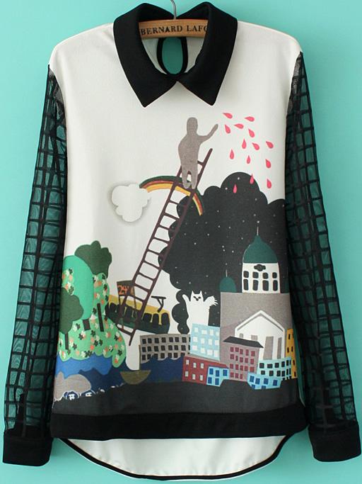 Romwe Contrast Plaid Castle Print Blouse