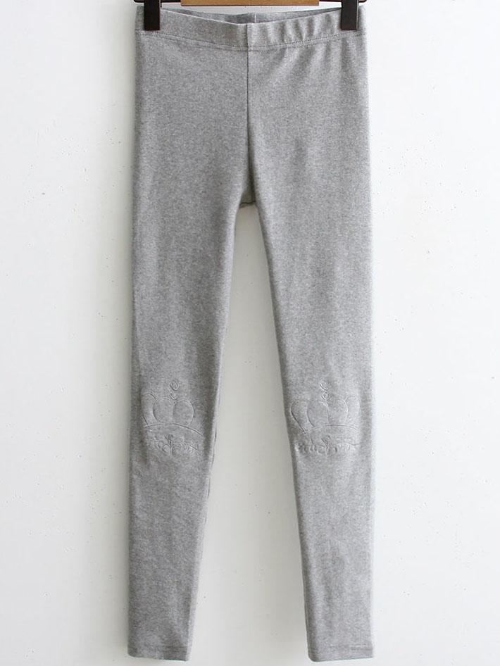 Romwe Grey Crown Embroidery Skinny Leggings