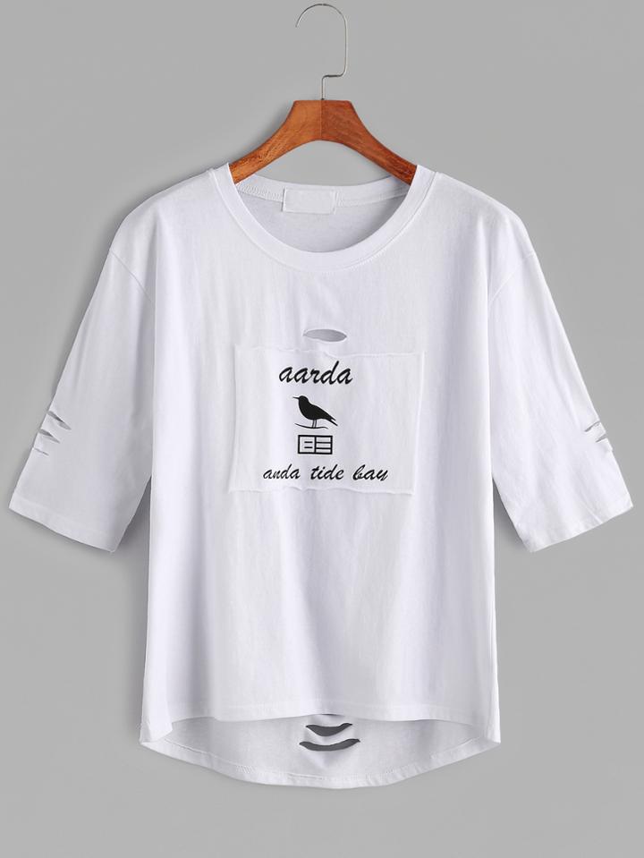 Romwe White Bird Print Patch High Low Ripped T-shirt