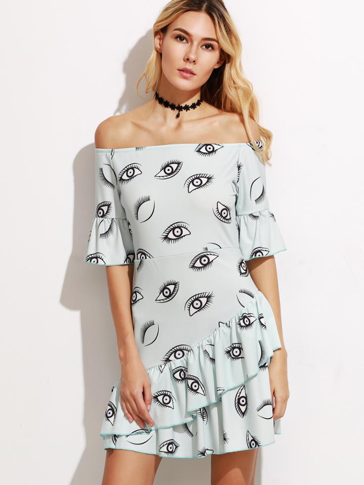 Romwe Pale Blue Eyes Print Ruffle Trim Dress