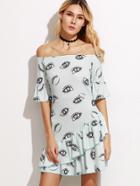 Romwe Pale Blue Eyes Print Ruffle Trim Dress