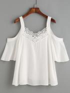 Romwe White Embroidered Lace Trim Cold Shoulder Top