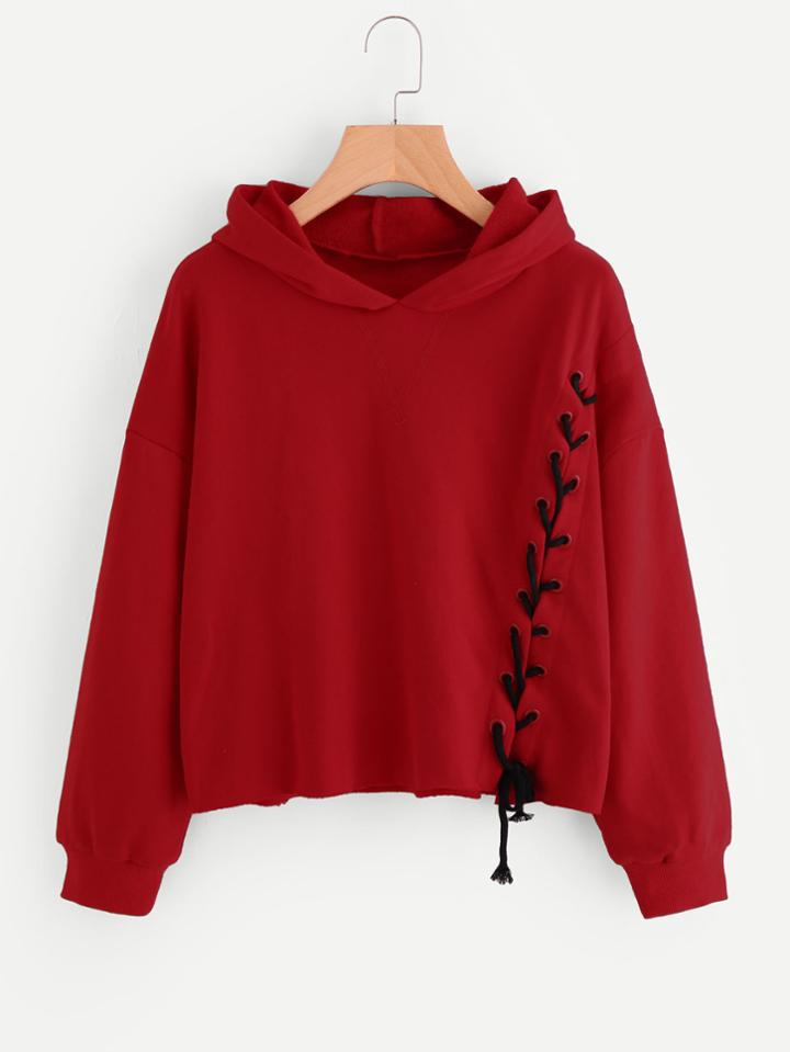 Romwe Grommet Lace Up Detail Raw Hem Hoodie