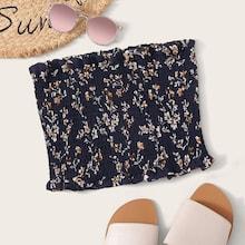 Romwe Ditsy Floral Shirred Frill Trim Bandeau