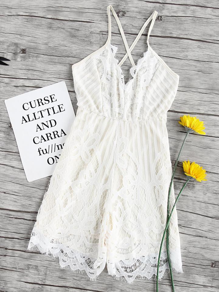 Romwe Criss Cross Open Back Lace Romper