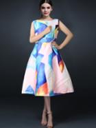 Romwe Sleeveless Graphic Print Flare Dress