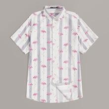 Romwe Guys Flamingo & Stripe Print Shirt