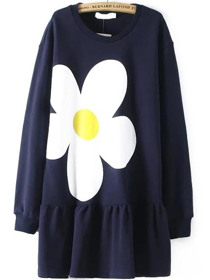 Romwe Long Sleeve Flower Print Navy Dress