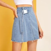 Romwe Buckle Front Raw Hem Denim Skirt