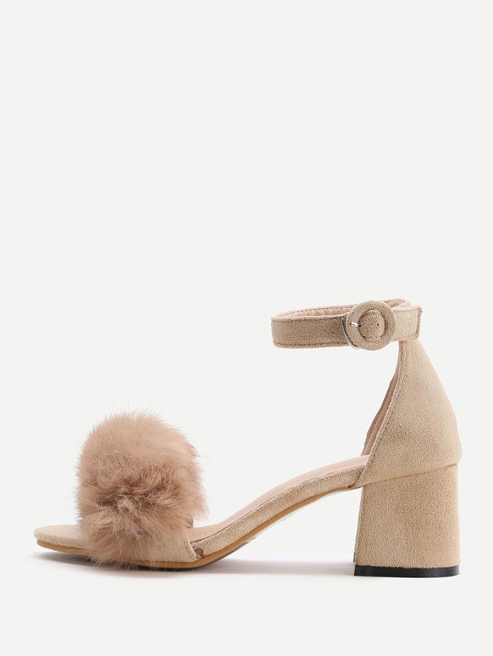 Romwe Apricot Faux Fur Ankle Strap Chunky Heels