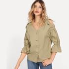 Romwe Cold Shoulder Knot Detail Solid Blouse