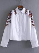 Romwe White Floral Embroidery Loose Blouse