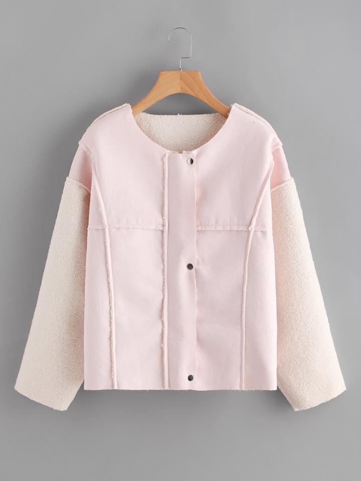 Romwe Contrast Lambwool Sleeve Zip Up Jacket