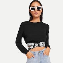 Romwe Letter Print Hem Crop Sweatshirt