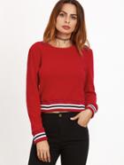 Romwe Red Striped Trim Crop Sweater