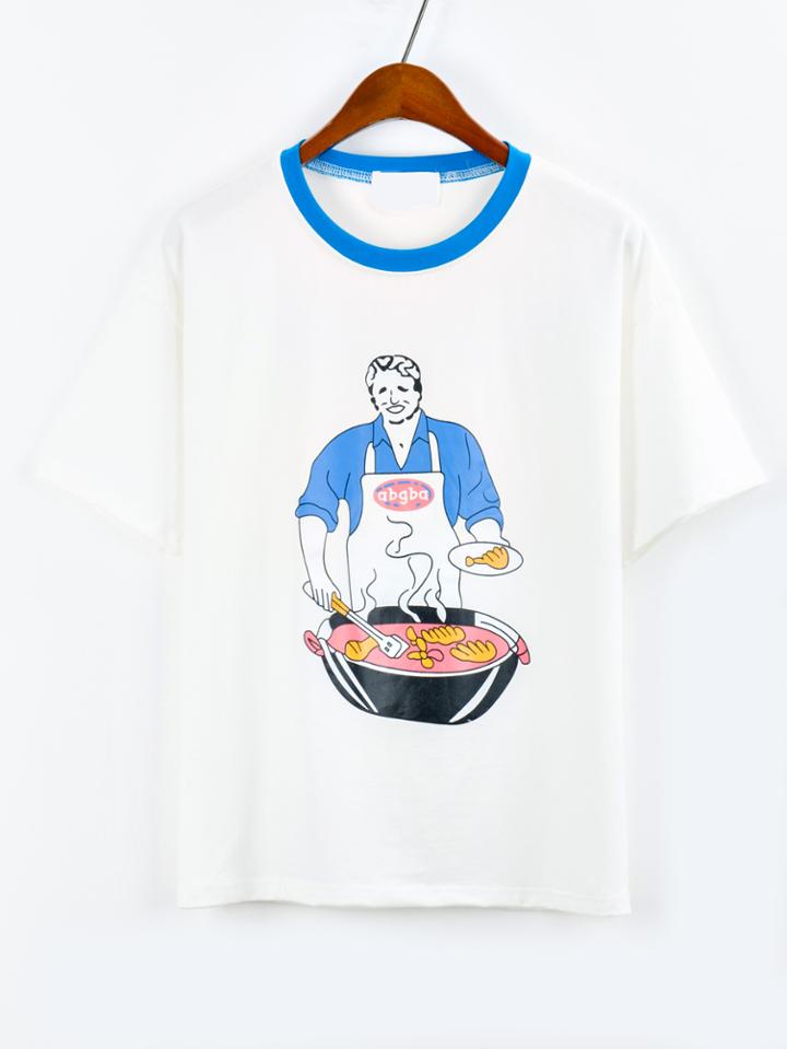 Romwe White Contrast Neck Cooking Print T-shirt