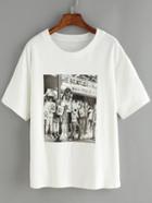 Romwe Crew Neck Print White T-shirt