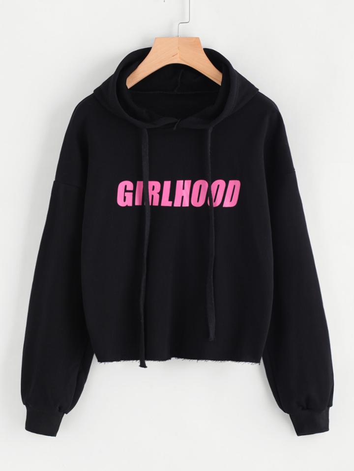 Romwe Drop Shoulder Letter Print Raw Hem Hoodie