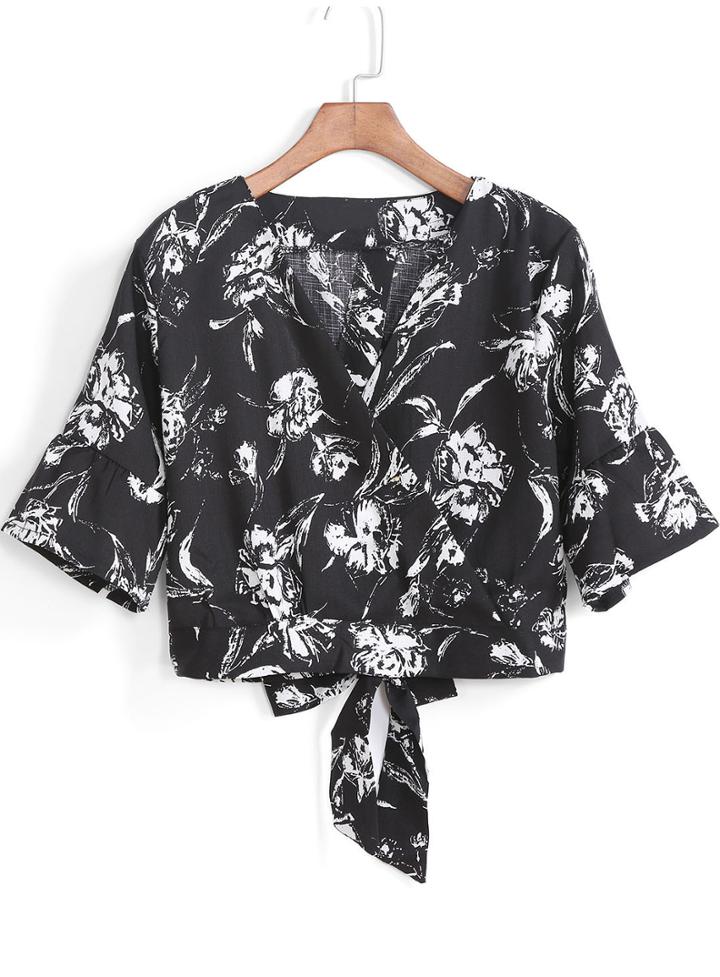 Romwe Black V Neck Floral Bow Crop Blouse