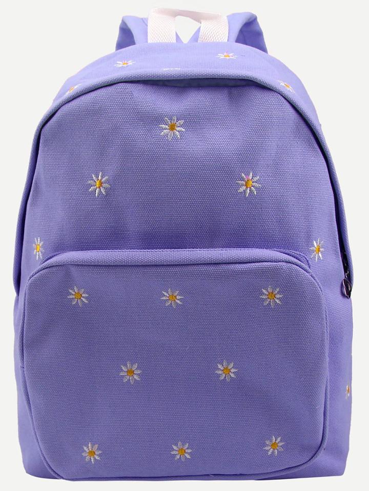 Romwe Purple Daisy Embroidered Canvas Backpack
