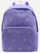 Romwe Purple Daisy Embroidered Canvas Backpack