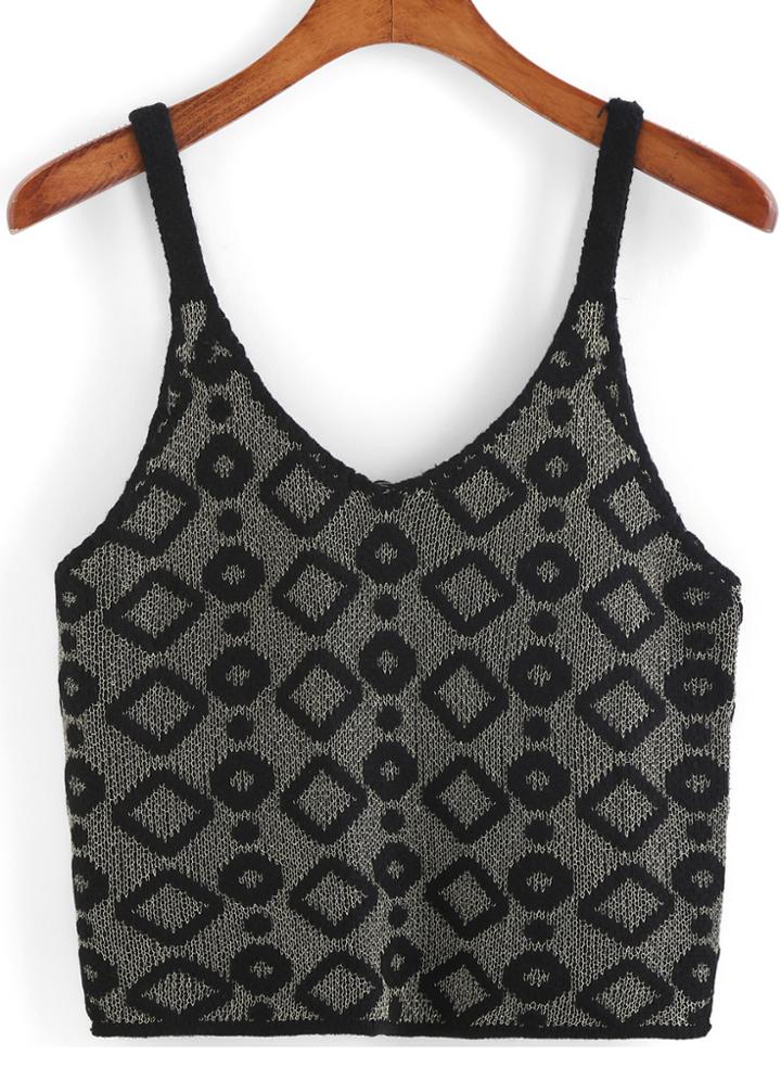 Romwe Spaghetti Strap Geometric Print Black Cami Top