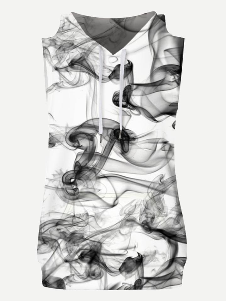 Romwe Smoke Print Sleeveless Hooded Sweatshirt