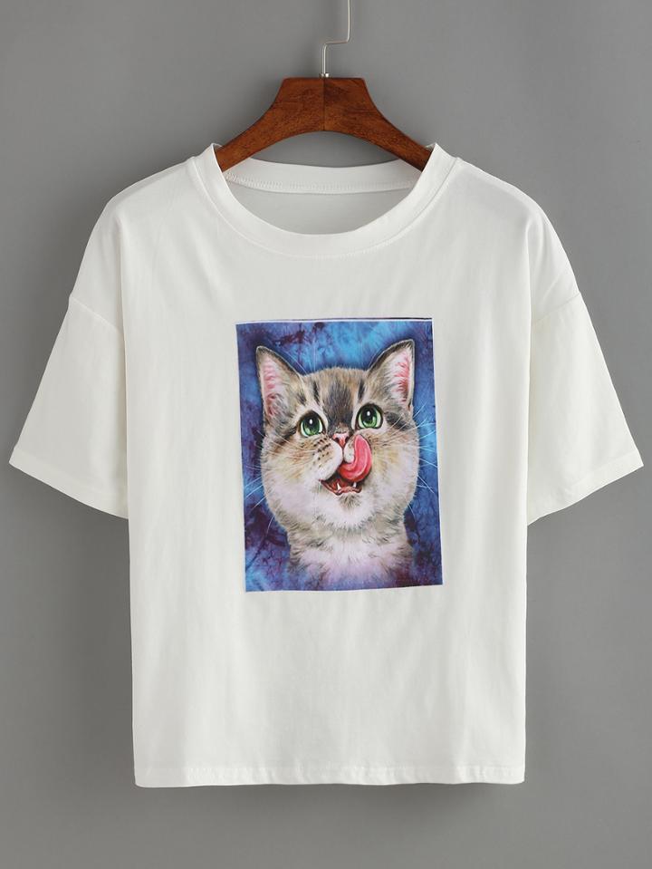 Romwe Little Cat Print White T-shirt